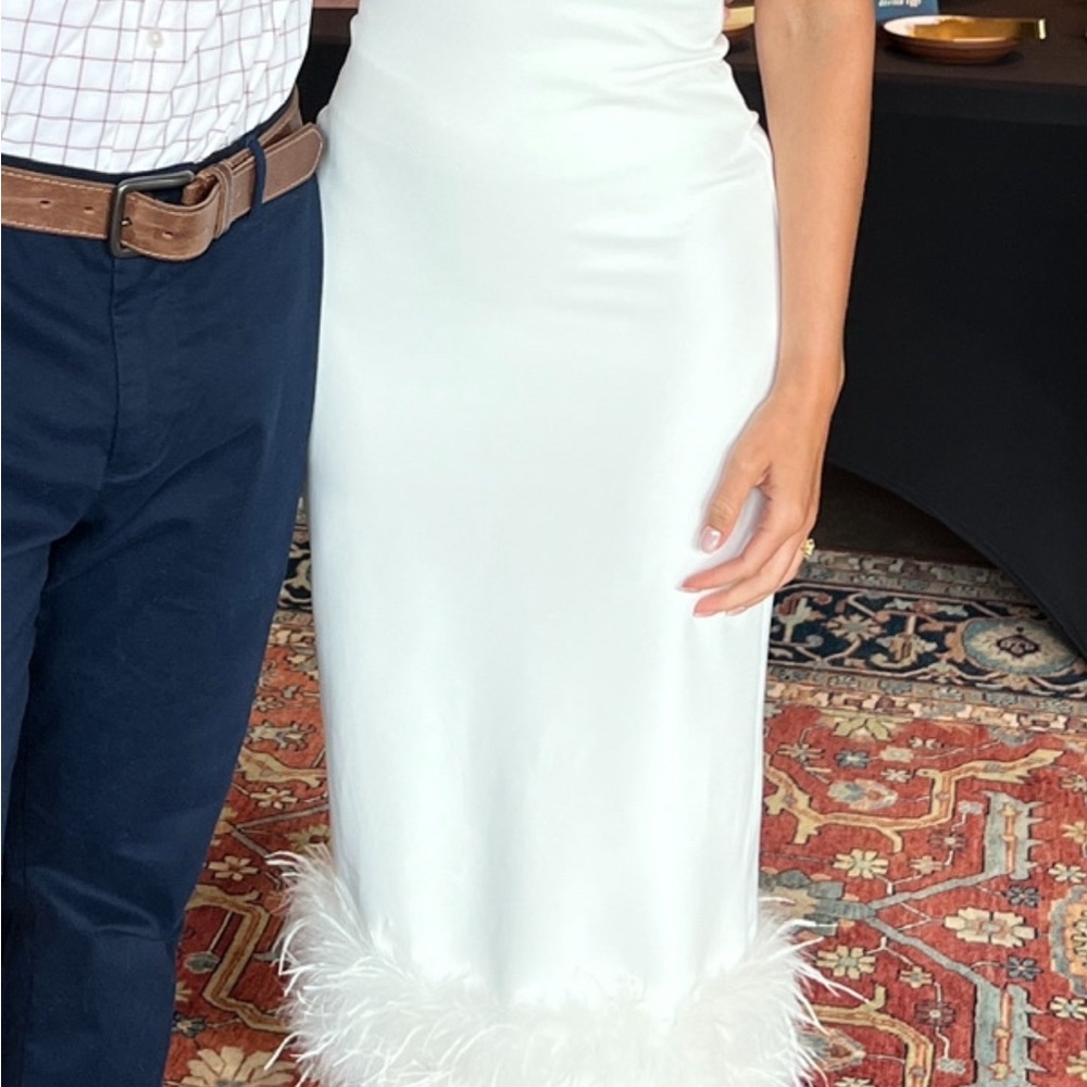 Elegant White Dress with Feather Trim
